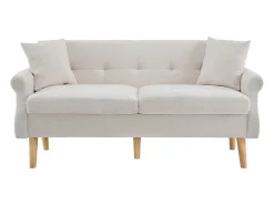 Sofá de 2 plazas con reposabrazos y cojines, chenilla beige, patas de madera - para salón y dormitorio