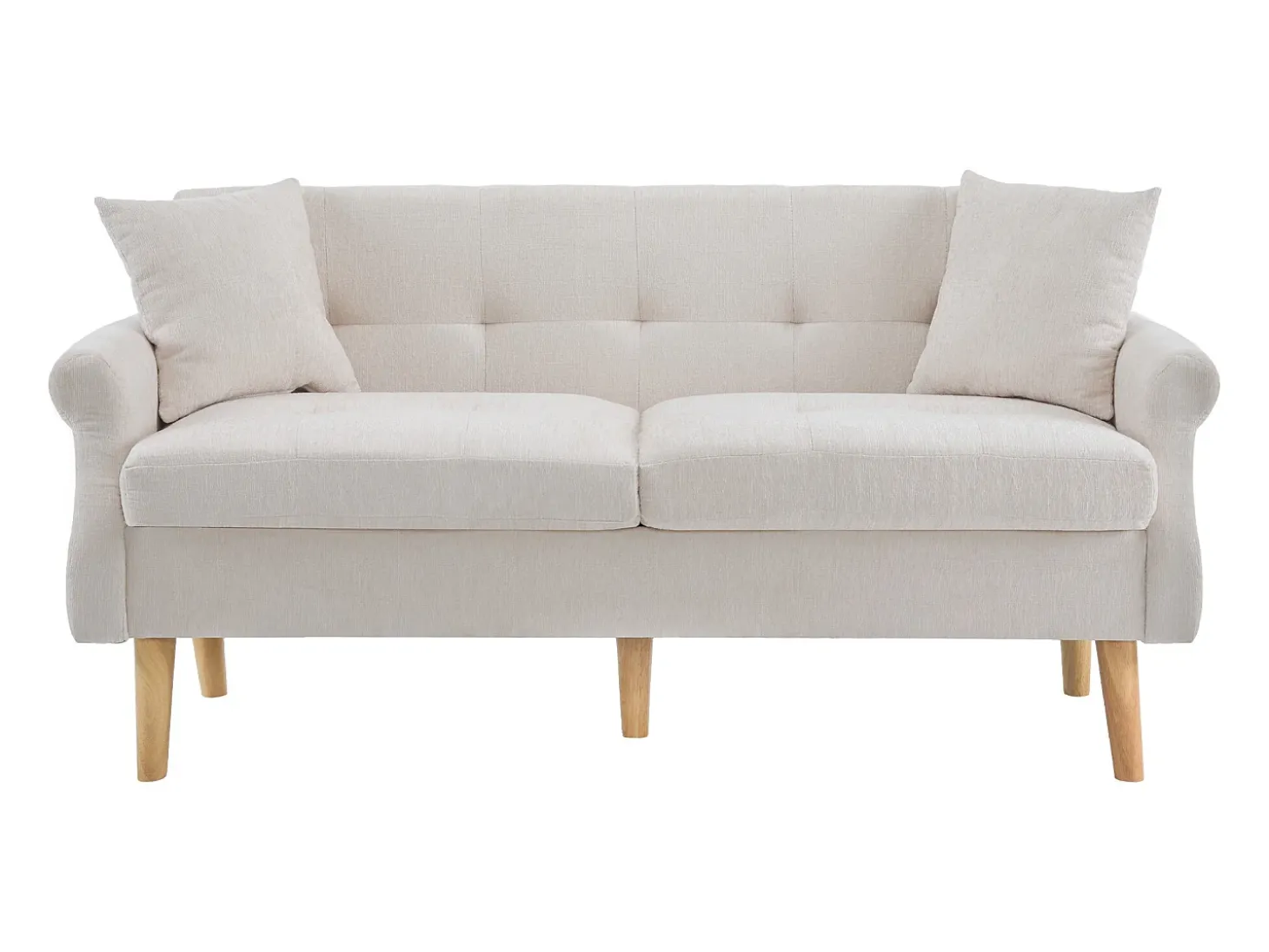 Sofá de 2 plazas con reposabrazos y cojines, chenilla beige, patas de madera - para salón y dormitorio