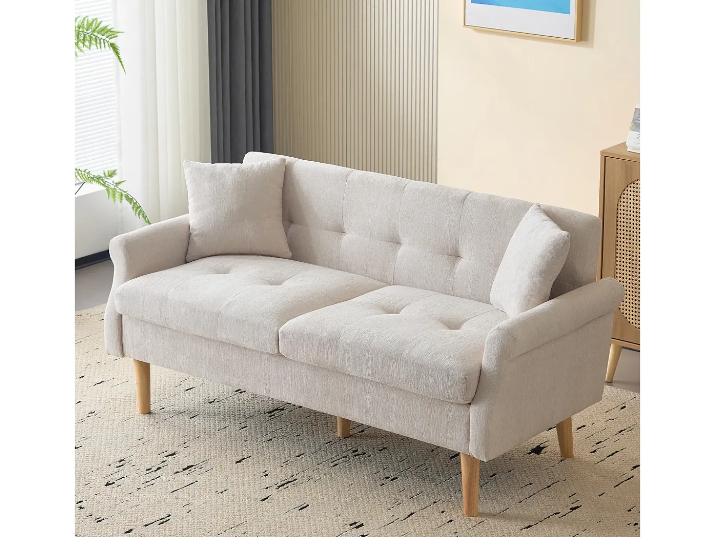 Sofá de 2 plazas con reposabrazos y cojines, chenilla beige, patas de madera - para salón y dormitorio