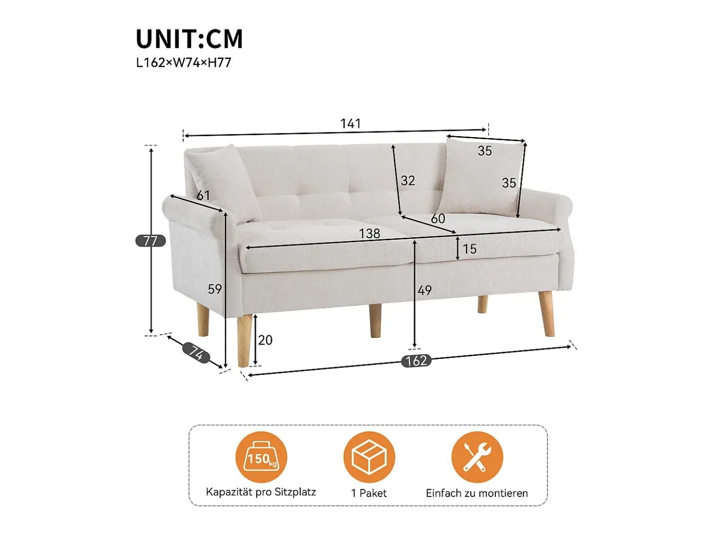 Sofá de 2 plazas con reposabrazos y cojines, chenilla beige, patas de madera - para salón y dormitorio