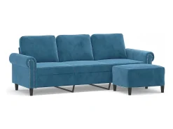 Sofá de 3 plazas con taburete de terciopelo azul 180 cm