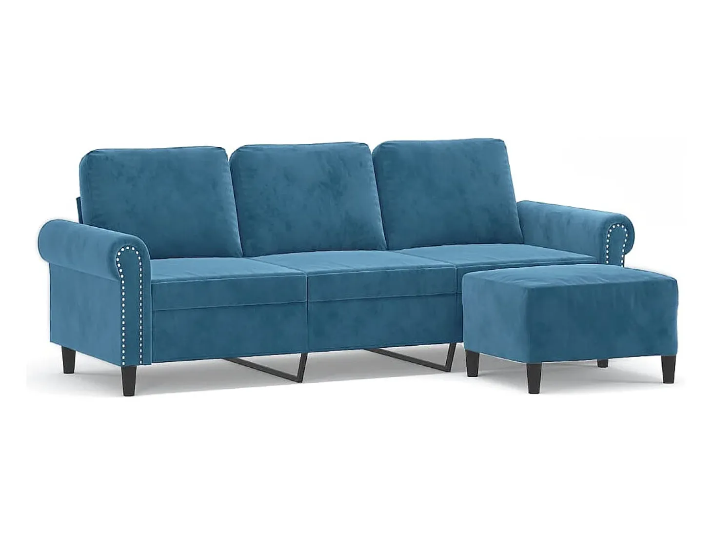 Sofá de 3 plazas con taburete de terciopelo azul 180 cm