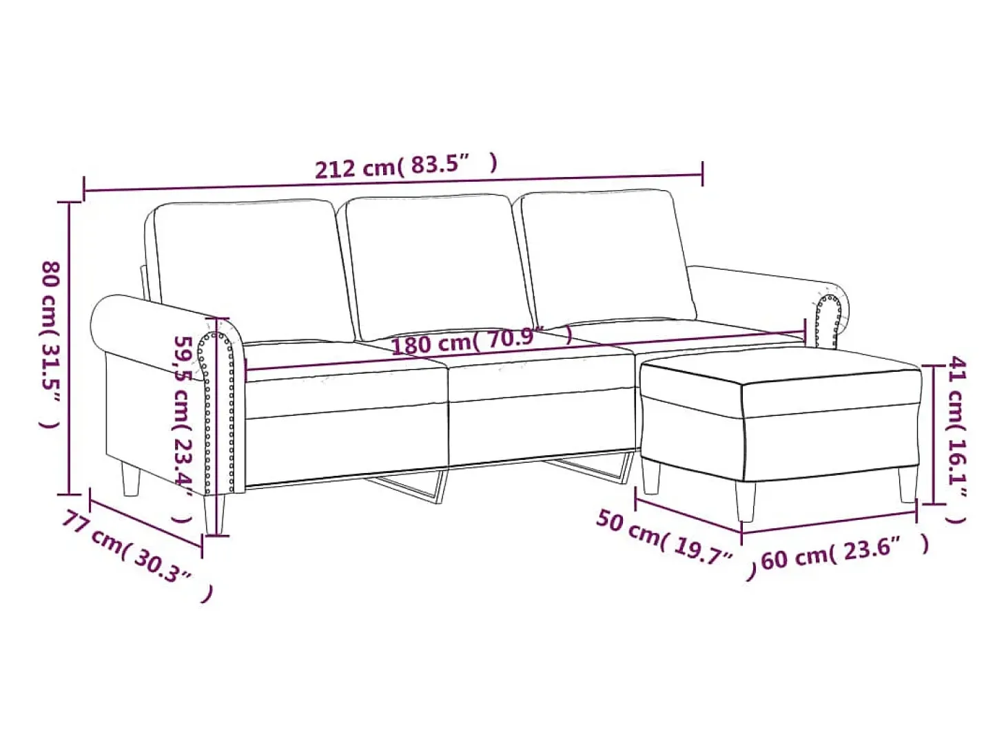 Sofá de 3 plazas con taburete de terciopelo azul 180 cm