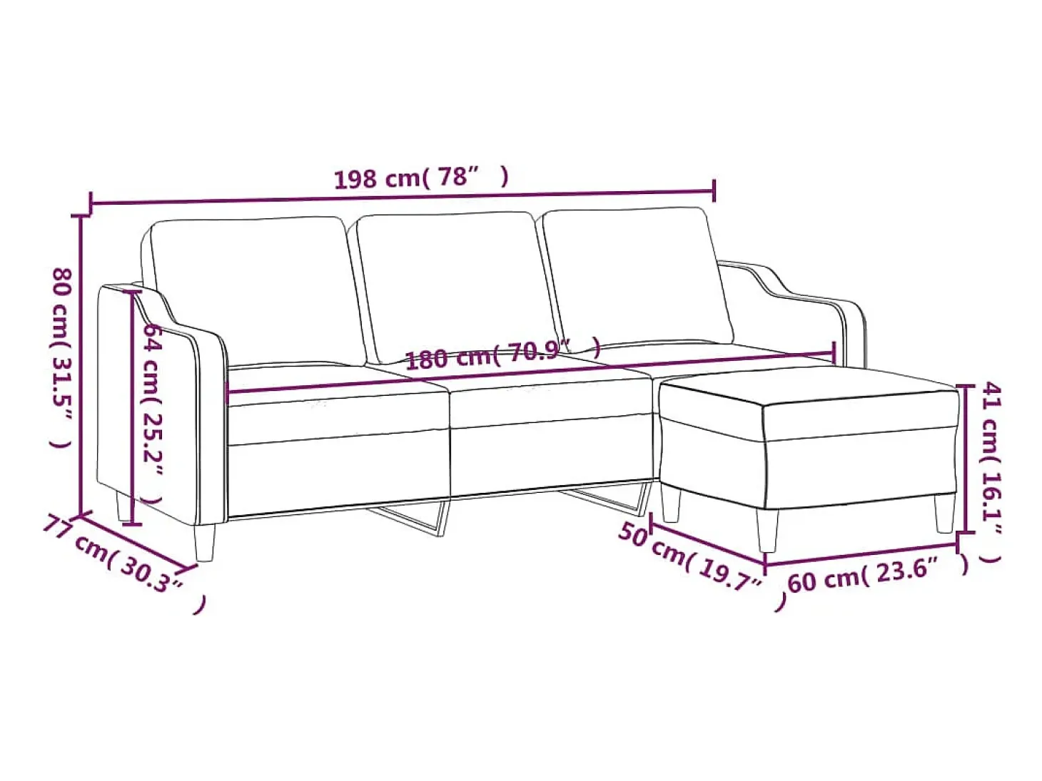 Sofá de 3 plazas con taburete de tela gris oscuro 180 cm