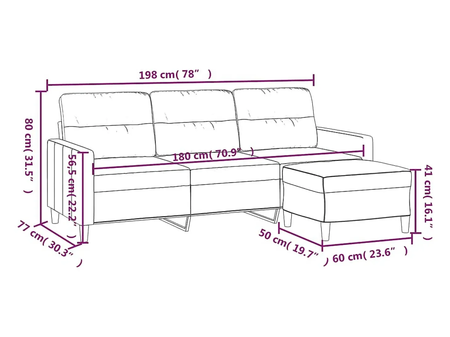 Sofá de 3 plazas con taburete de tela negro 180 cm