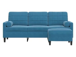 Sofá de 3 plazas con taburete de terciopelo azul 180 cm
