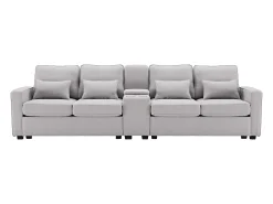 Sofá de 4 plazas de lino gris claro con puertos USB, consola y portavasos, Con cojines y reposabrazos, ideal para salón u oficina