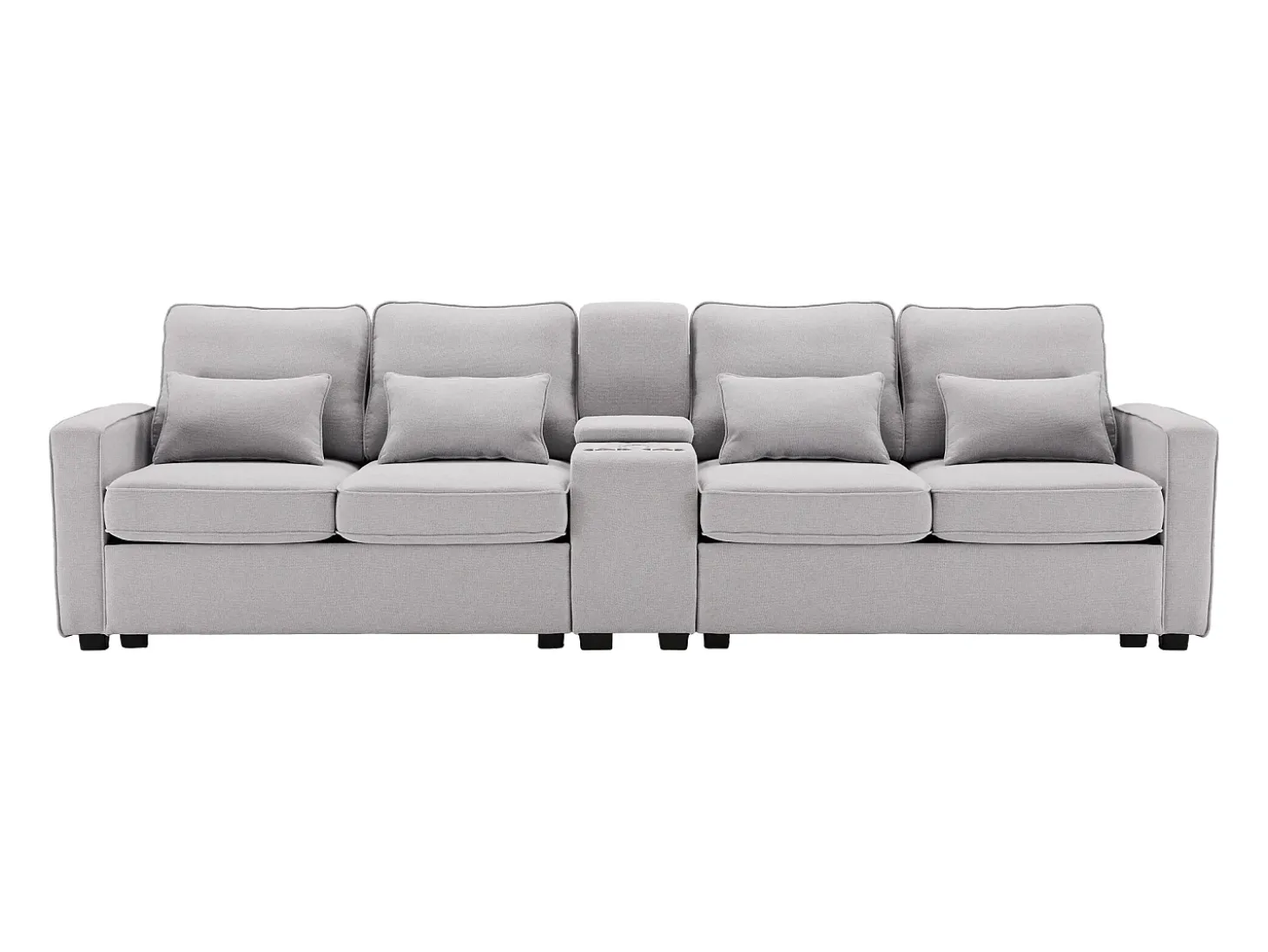 Sofá de 4 plazas de lino gris claro con puertos USB, consola y portavasos, Con cojines y reposabrazos, ideal para salón u oficina