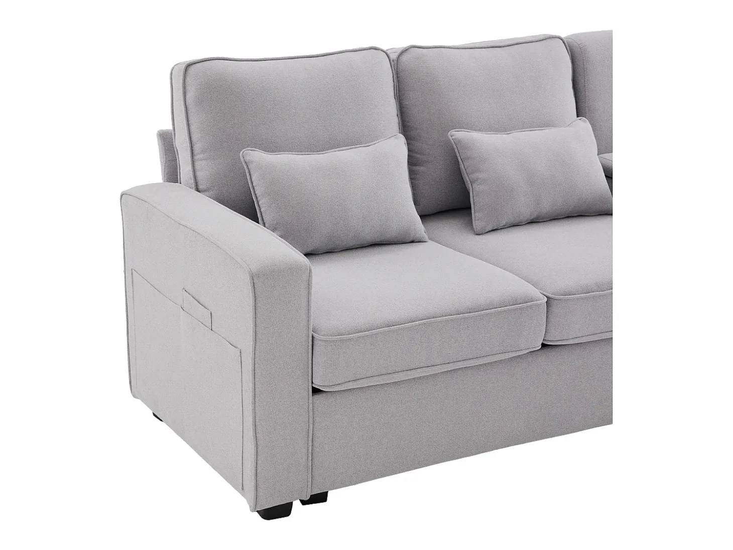 Sofá de 4 plazas de lino gris claro con puertos USB, consola y portavasos, Con cojines y reposabrazos, ideal para salón u oficina