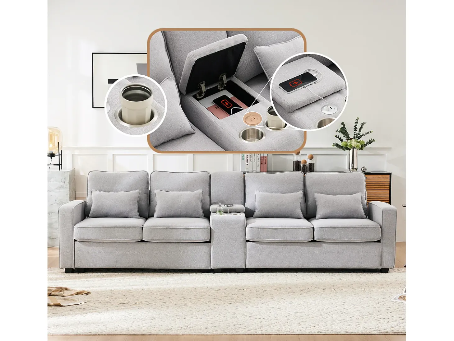 Sofá de 4 plazas de lino gris claro con puertos USB, consola y portavasos, Con cojines y reposabrazos, ideal para salón u oficina
