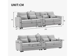 Sofá de 4 plazas de lino gris claro con puertos USB, consola y portavasos, Con cojines y reposabrazos, ideal para salón u oficina