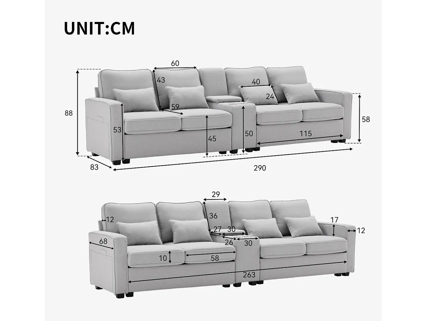 Sofá de 4 plazas de lino gris claro con puertos USB, consola y portavasos, Con cojines y reposabrazos, ideal para salón u oficina
