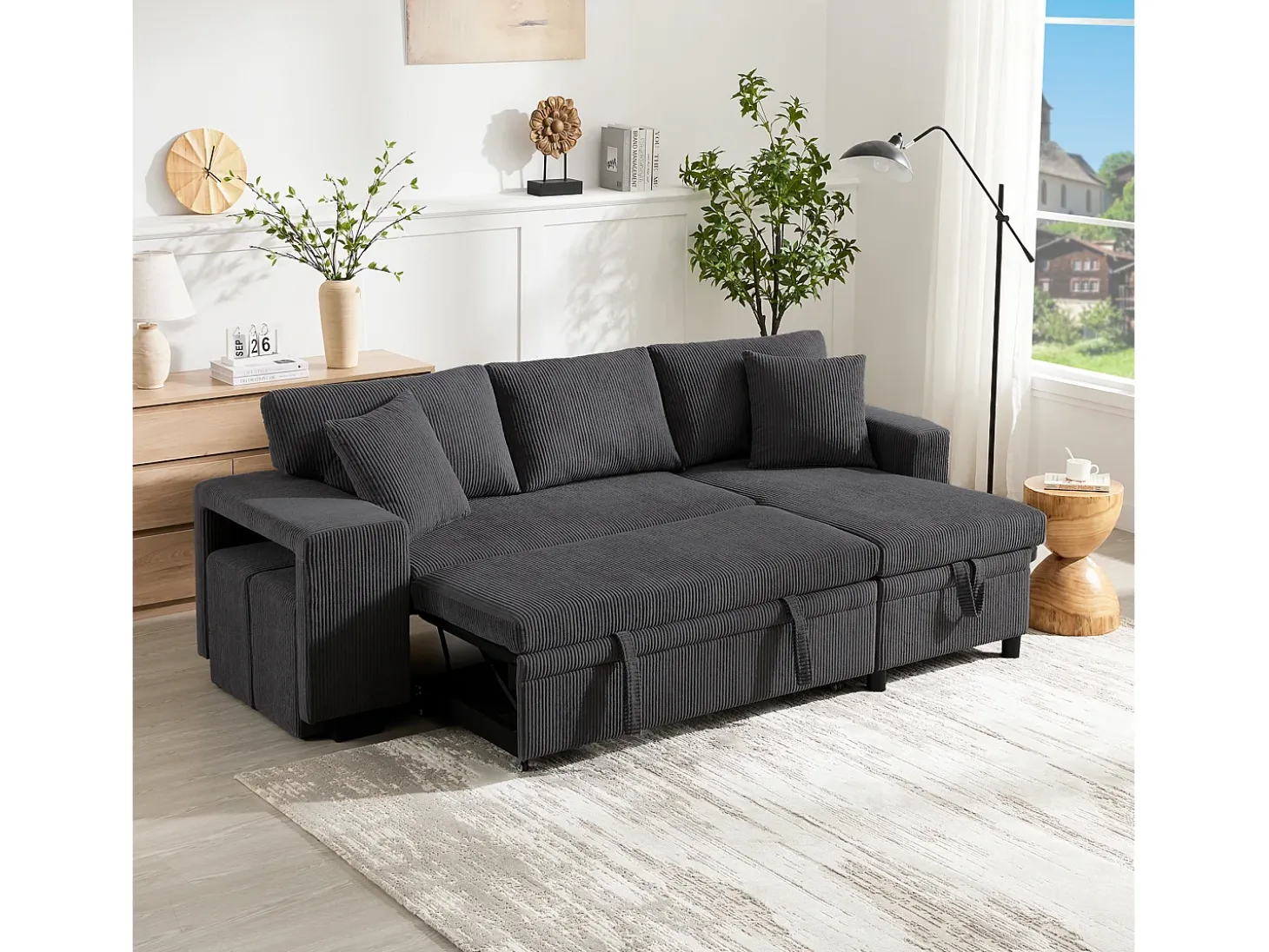 Sofá de 3 plazas en L - con puertos de carga USB - con cojines - sofá angular convertible - gris