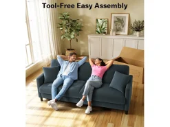 Sofá de 3 plazas en terciopelo de peluche, comodidad de sofá derecha grande en madera maciza, envejecimiento con reposabrazos, 210 x 79 x 89 cm, azul-gris