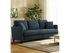 Sofá de 3 plazas en terciopelo de peluche, comodidad de sofá derecha grande en madera maciza, envejecimiento con reposabrazos, 210 x 79 x 89 cm, azul-gris