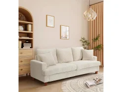 Sofá de 3 puentes en terciopelo beige, sofá recto grande, asientos profundos adicionales de 53 cm, con 2 almohadas - 220x76x84cm