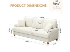 Sofá de comodidad de 3 salones, tela de oruga, con reposabrazos, cojines y 2 almohadas, carga máxima 365 kg - 220x76x86 cm