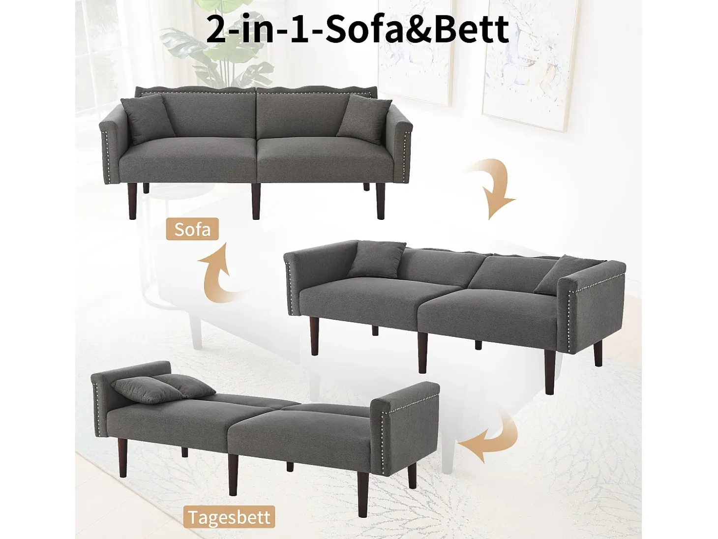 Sofá de dos plazas con función reclinable, respaldo doble regulable independientemente, tapizado en metal, tejido de algodón y lino, color negro.