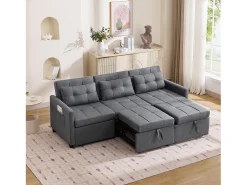 Sofá de esquina 3 plazas - Respaldo ajustable - Plegable para almacenamiento - Móvil - Bolsillos laterales - Gris
