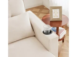 Sofá de esquina convertible con 2 cajones de almacenamiento, cojín y portavasos - Algodón y lino - 270×130×86 cm - Beige