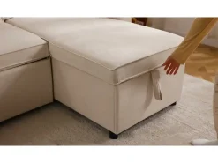Sofá de esquina convertible con 2 cajones de almacenamiento, cojín y portavasos - Algodón y lino - 270×130×86 cm - Beige