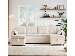 Sofá de esquina convertible con 2 cajones de almacenamiento, cojín y portavasos - Algodón y lino - 270×130×86 cm - Beige