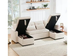 Sofá de esquina convertible con 2 cajones de almacenamiento, cojín y portavasos - Algodón y lino - 270×130×86 cm - Beige
