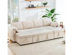 Sofá de esquina convertible con 2 cajones de almacenamiento, cojín y portavasos - Algodón y lino - 270×130×86 cm - Beige