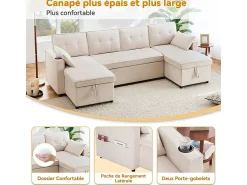 Sofá de esquina convertible con 2 cajones de almacenamiento, cojín y portavasos - Algodón y lino - 270×130×86 cm - Beige