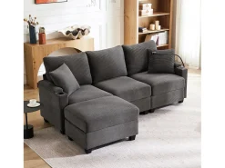 Sofá de esquina en L - 3 plazas - con reposapiés + portavasos - cargador USB - 2 cojines - Gris oscur