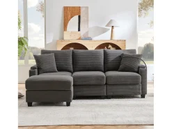 Sofá de esquina en L - 3 plazas - con reposapiés + portavasos - cargador USB - 2 cojines - Gris oscur