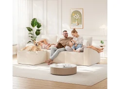 Sofá de esquina izquierda modular 3 plazas en pana, con 2 cojines, chaise longue 70x125cm, Beige