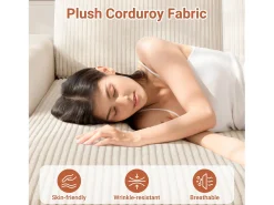 Sofá de esquina izquierda modular 3 plazas en pana, con 2 cojines, chaise longue 70x125cm, Beige