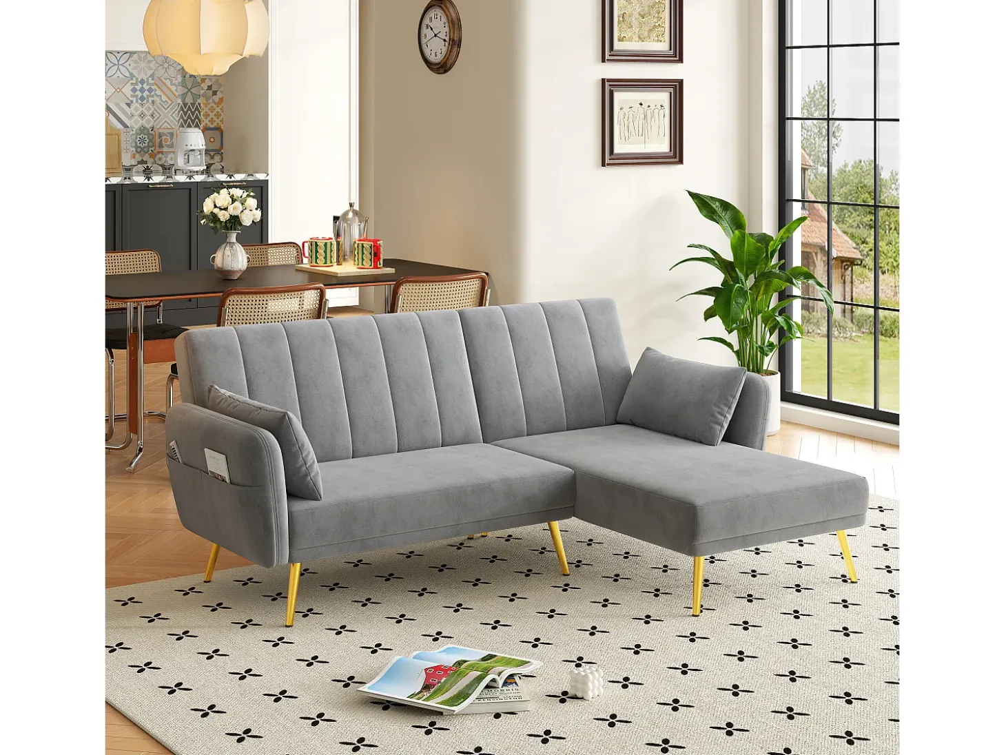 Sofá de esquina moderno en L - 3 plazas - respaldo plegable - Terciopelo - Gris