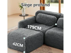 Sofá de Esquina Modular en tela peluche, con 2 poufs y 2 cojines, 204x179x73cm, Gris