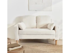 Sofá de tejido borreguito con patas de madera, 2 plazas crema