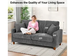 Sofá de terciopelo acanalado de 2 a 2 años, sofá derecha acolchado moderno grande con asientos adicionales de 56 cm - 2 cojines - 178x76x89cm - gris