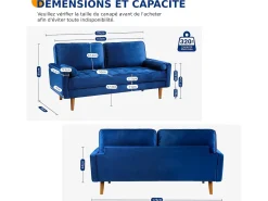 Sofá de terciopelo azul de 2 asientos, sofá mini dormitorio con reposabrazos, pies de madera cónicos, sofá fijado un respaldo bajo