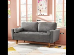 Sofá de terciopelo gris de 2 salones modernos, reposabrazos acolchados, madera maciza, madera blanda, 143x77x86cm