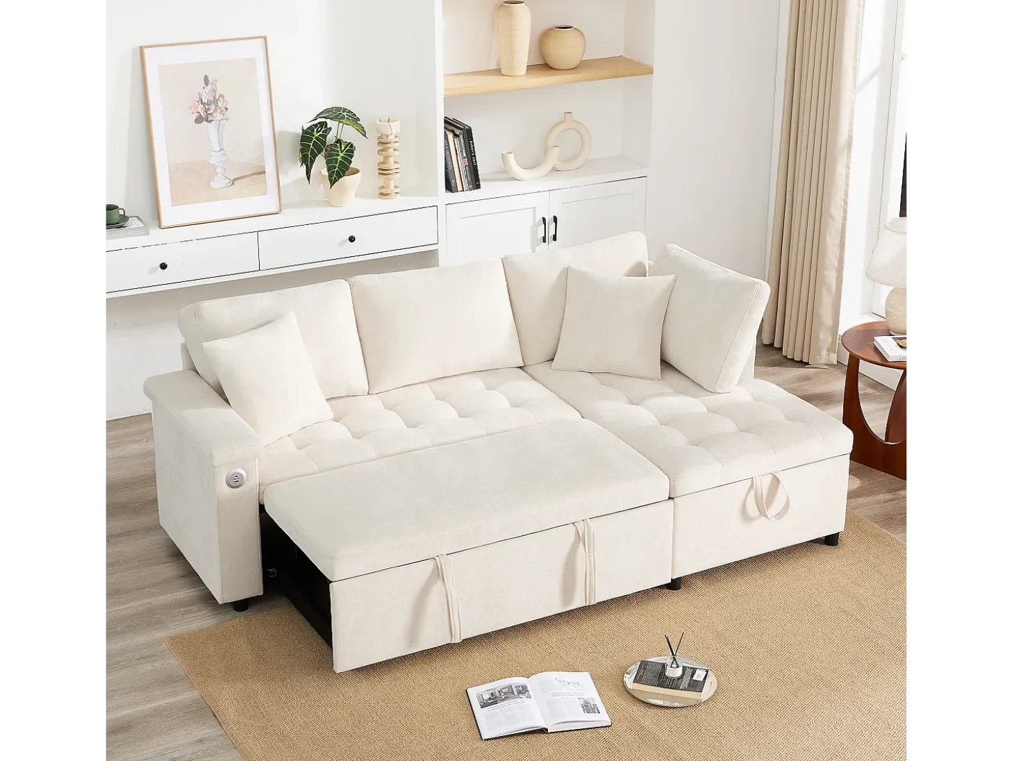 Sofá en L con sofá cama nido - con espacio de almacenamiento - carga USB - 2 cojines - Beige