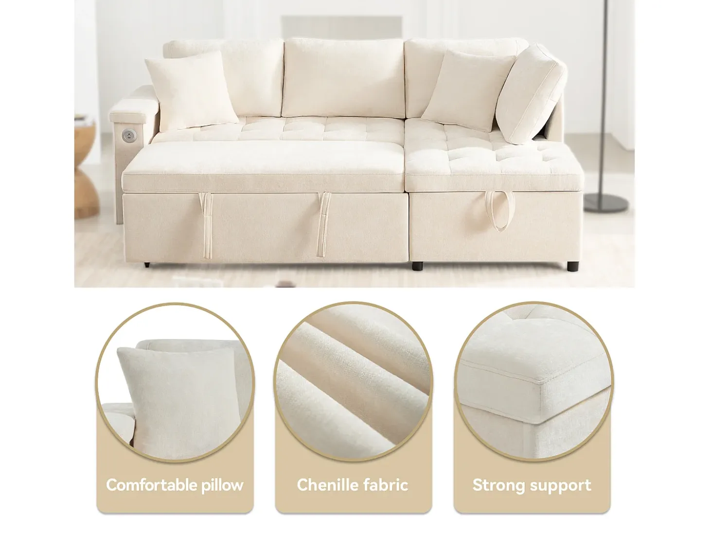 Sofá en L con sofá cama nido - con espacio de almacenamiento - carga USB - 2 cojines - Beige