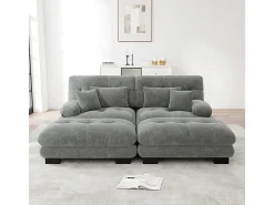 Sofá esquina 2 plazas + 2 poufs - con 4 cojines - tejido felpa gris - 220x145x81cm