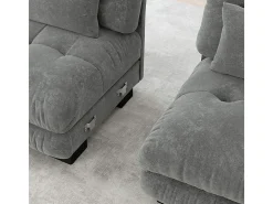 Sofá esquina 2 plazas + 2 poufs - con 4 cojines - tejido felpa gris - 220x145x81cm