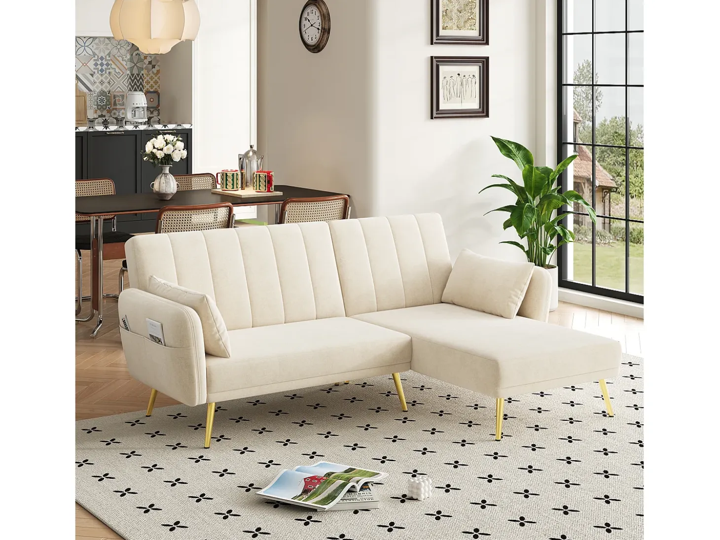 Sofá esquinero beige - Sofá de 3 plazas con respaldo ajustable en 3 posiciones y bolsillos laterales - Terciopelo