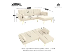 Sofá esquinero beige - Sofá de 3 plazas con respaldo ajustable en 3 posiciones y bolsillos laterales - Terciopelo