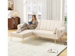 Sofá esquinero beige - Sofá de 3 plazas con respaldo ajustable en 3 posiciones y bolsillos laterales - Terciopelo