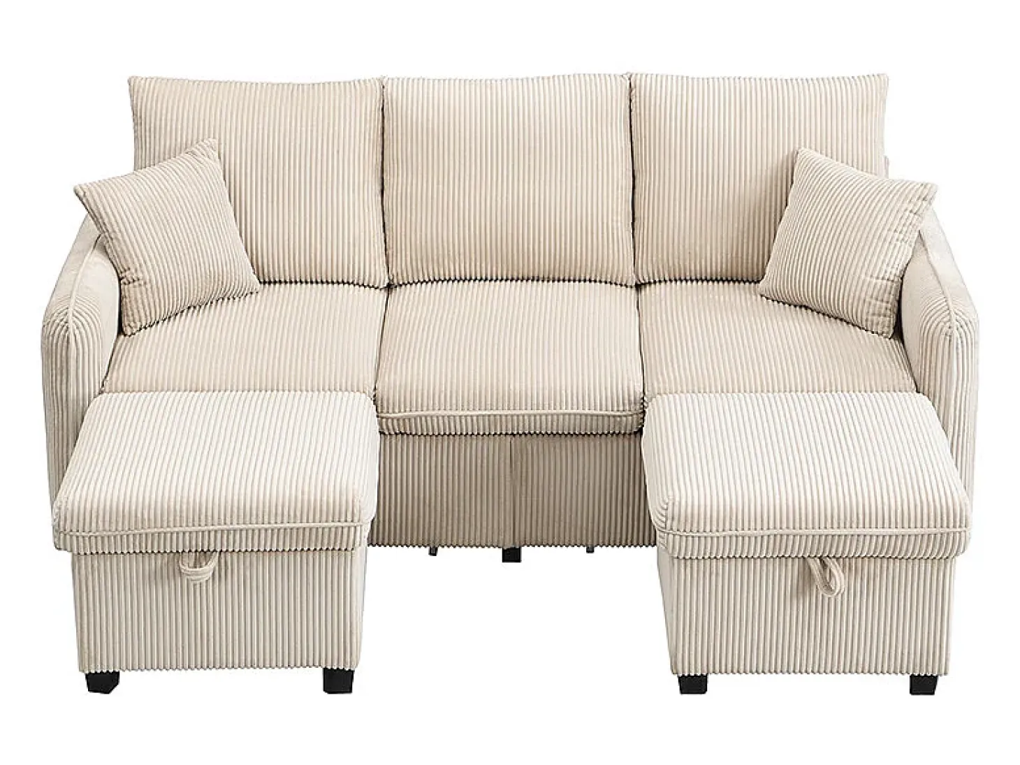 Sofá esquinero beige - Sofá de 3 plazas con 2 cajones y 2 taburetes de almacenaje - extraíble