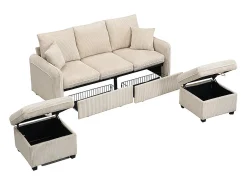Sofá esquinero beige - Sofá de 3 plazas con 2 cajones y 2 taburetes de almacenaje - extraíble