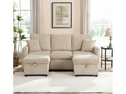 Sofá esquinero beige - Sofá de 3 plazas con 2 cajones y 2 taburetes de almacenaje - extraíble