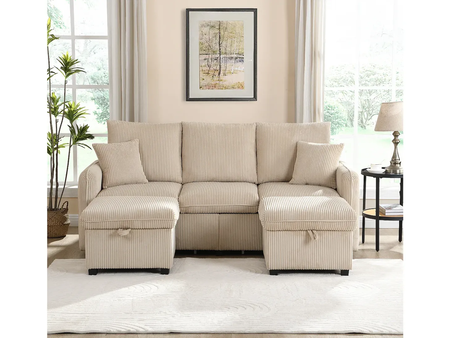 Sofá esquinero beige - Sofá de 3 plazas con 2 cajones y 2 taburetes de almacenaje - extraíble